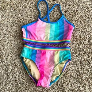 Lands End Youth Sz 10S Rainbow Striped 2 Piece Bikini Swimsuit Very Cute!